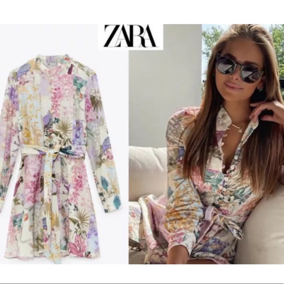 Zara multicolored print floral dress pink white - Picture 3 of 16